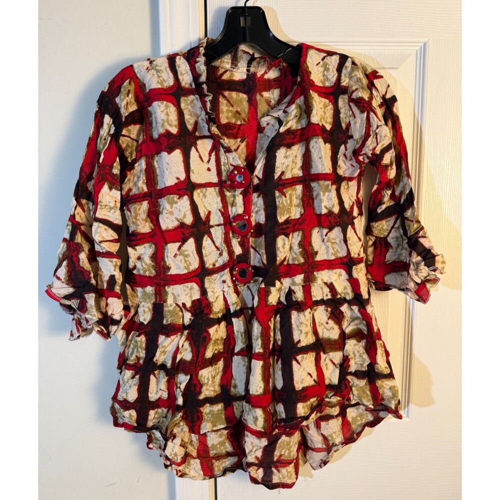 Red Black Olive Abstract Grid Peplum Tunic Blouse 3/4 Bell Sleeve S/M